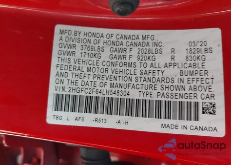 2020 Honda Civic Lx из США, поврежденный, VIN 2HGFC2F64LH548304